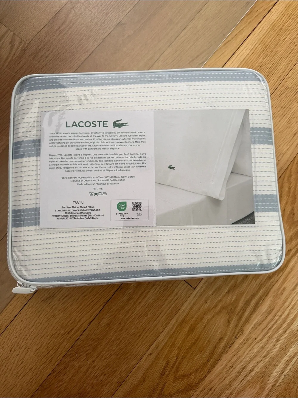 Lacoste 100% Cotton Persale Twin Bedding Set - White & Light Blue Striped